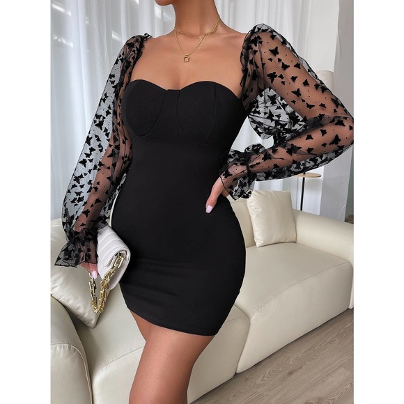 Sweetheart Neck Flounce Sleeve Bodycon Dress sheer long sleeve black butterfly - Picture 1 of 11